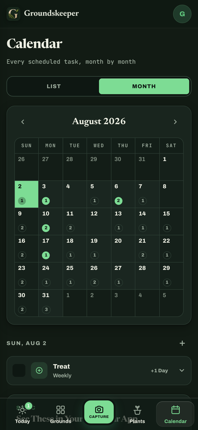 Month calendar of scheduled yard care tasks